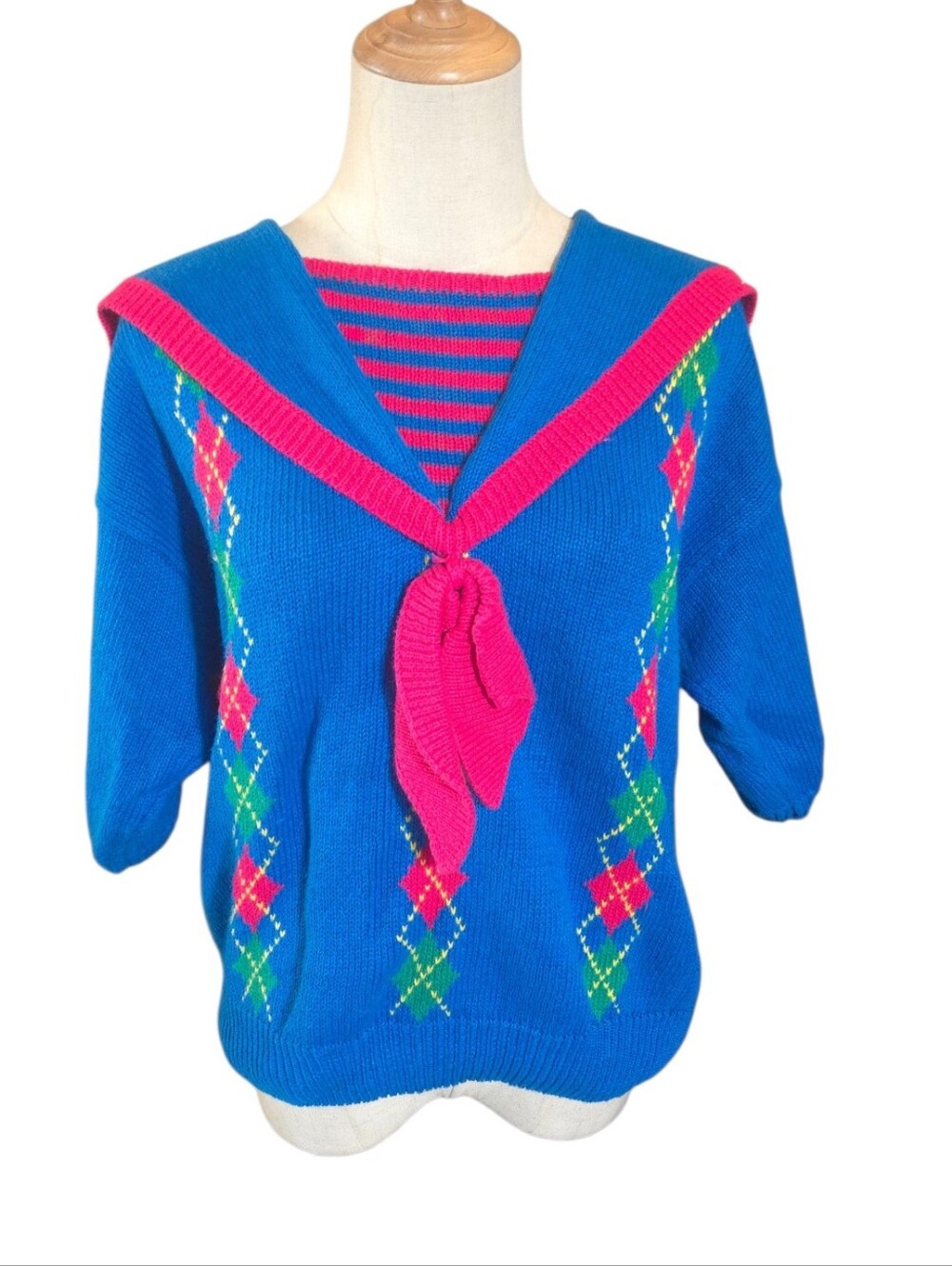 Robert Scott Ltd Vintage Blue & Pink Sailor Collar Argyle  Knit Sweater